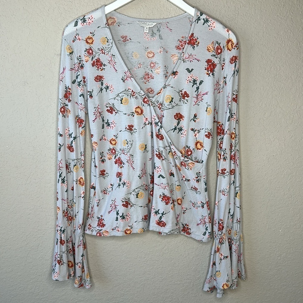 Lucky Brand Surplice Neckline Floral‎ Long Sleeve Boho Top Size Medium